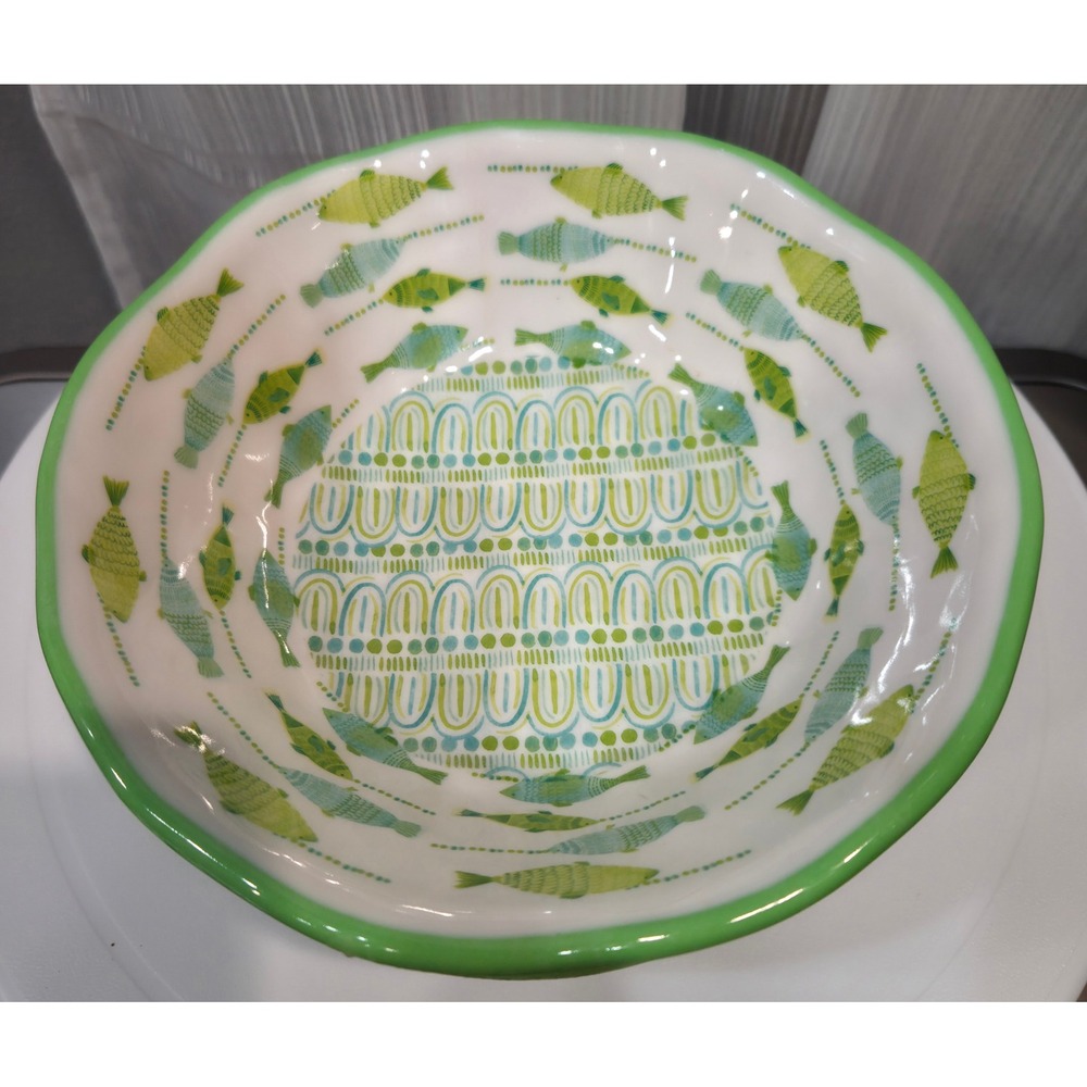 Max Studio Home Melamine Bowls Green Blue Fish Coastal Nautical 7" Set of 2